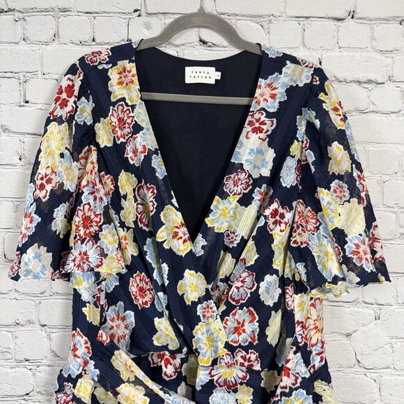 Tanya Taylor Brynn Floral Mini Wrap Dress Womens 18 Navy Floral Flutter Sleeves - Picture 9 of 16